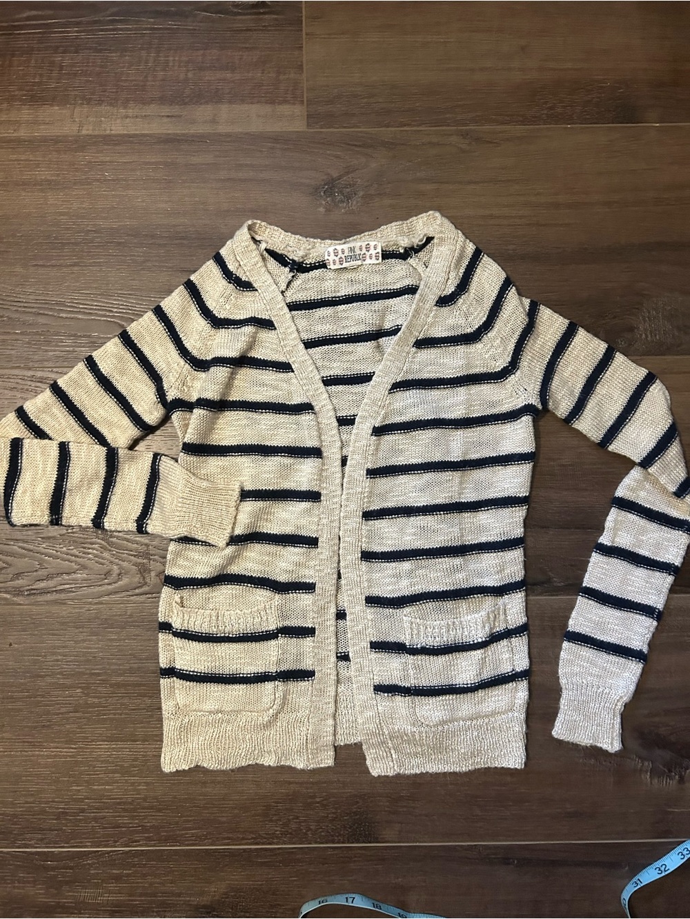 Pink Republic Girls Medium Beige and Navy Striped Open-Front Cardigan Sweater